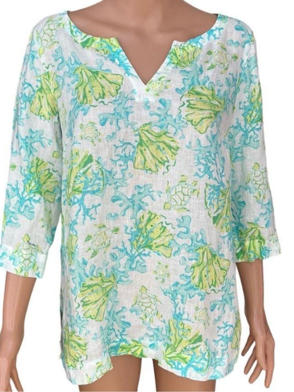 Jill Love Linen Sea Turtle Print Blouse Turquoise & Lime Sz 2X Coastal Grandma